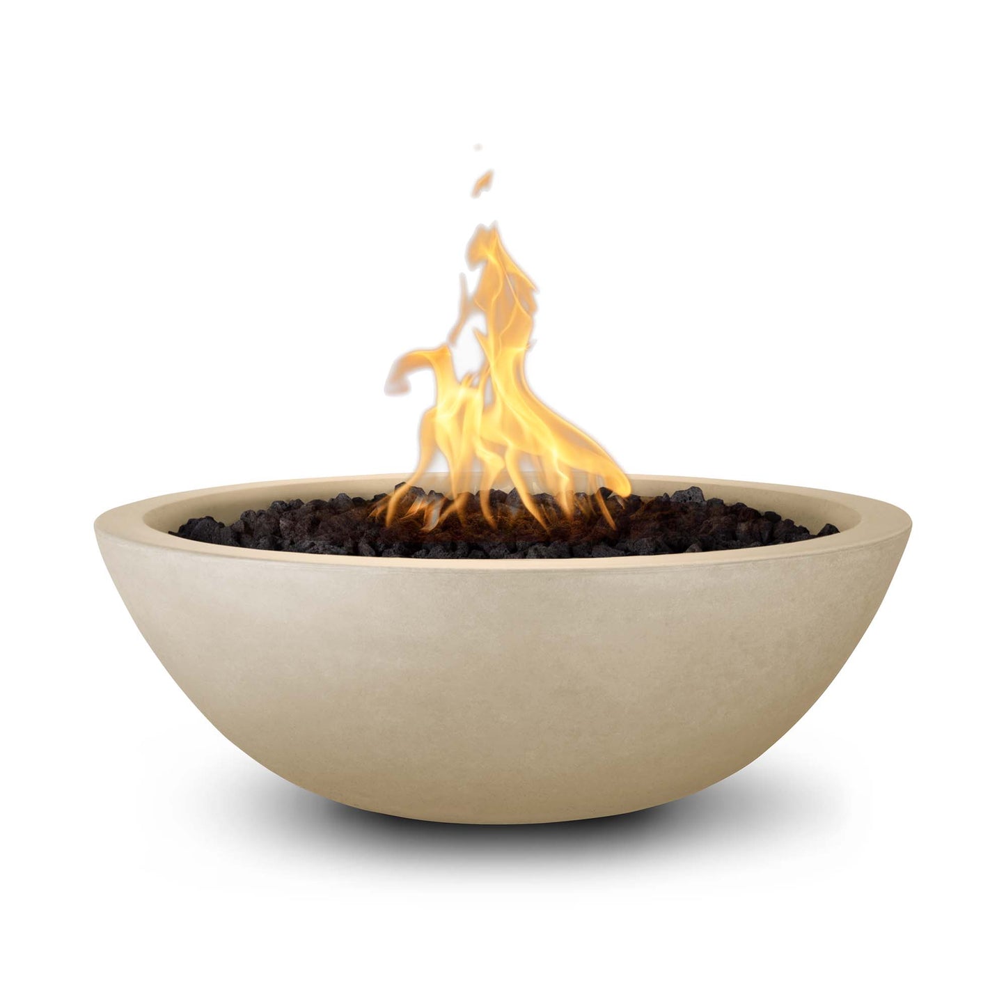 The Outdoor Plus Round Sedona 27" Metallic Silver GFRC Concrete Liquid Propane Fire Bowl with Match Lit with Flame Sense Ignition