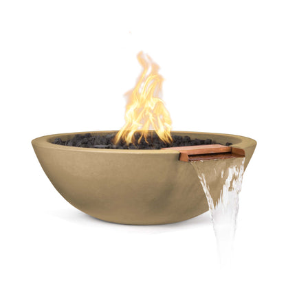 The Outdoor Plus Round Sedona 27" Natural Gray GFRC Concrete Liquid Propane Fire & Water Bowl with Match Lit with Flame Sense Ignition