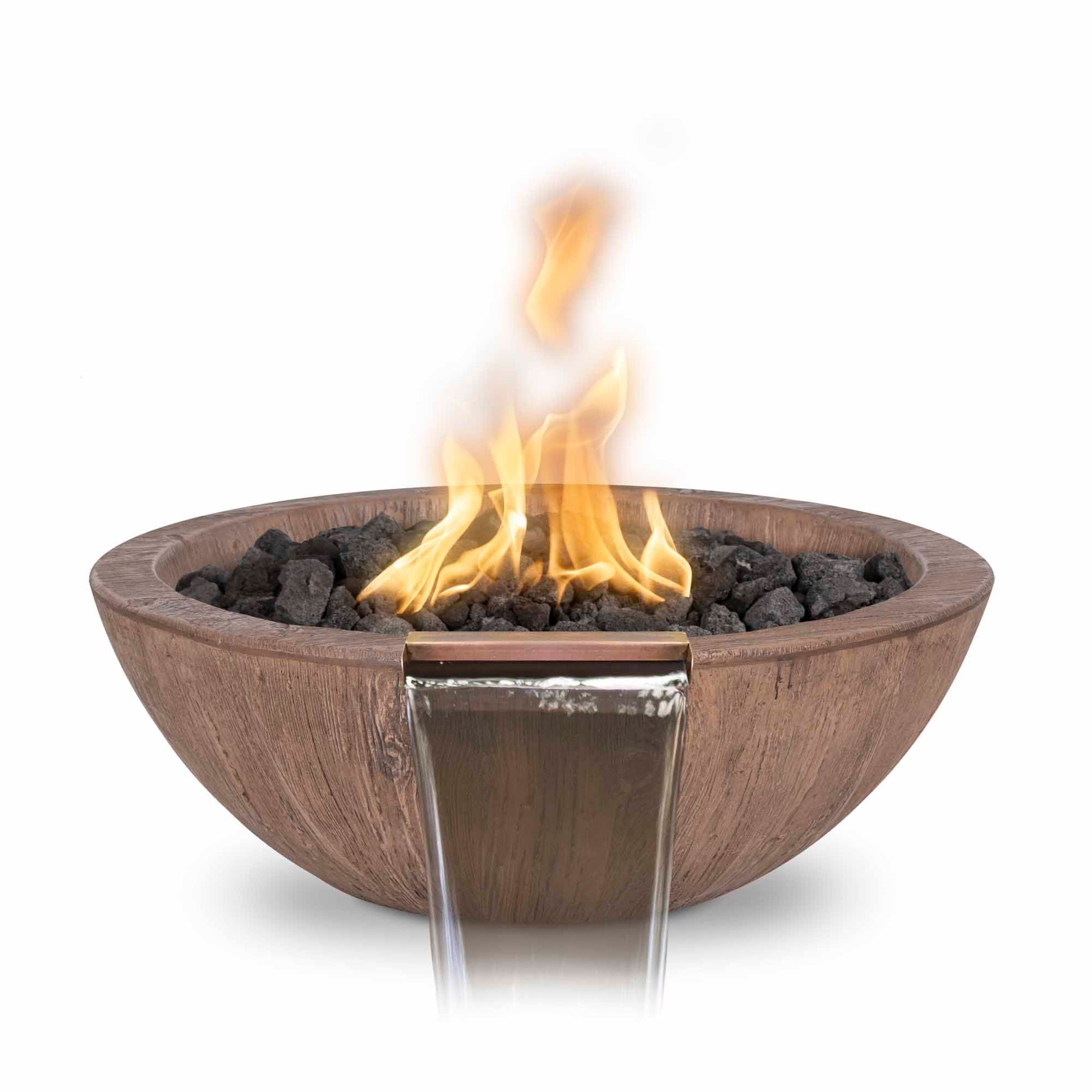 The Outdoor Plus Round Sedona 27" Oak Wood Grain Liquid Propane Fire & Water Bowl with Match Lit with Flame Sense Ignition