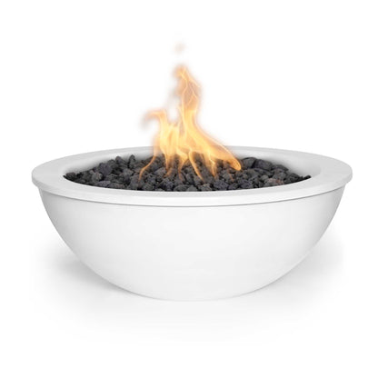 The Outdoor Plus Round Sedona 27" Pewter Powder Coated Metal Liquid Propane Fire Bowl with Match Lit with Flame Sense Ignition