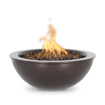 The Outdoor Plus Round Sedona 27" Pewter Powder Coated Metal Natural Gas Fire Bowl with Match Lit with Flame Sense Ignition