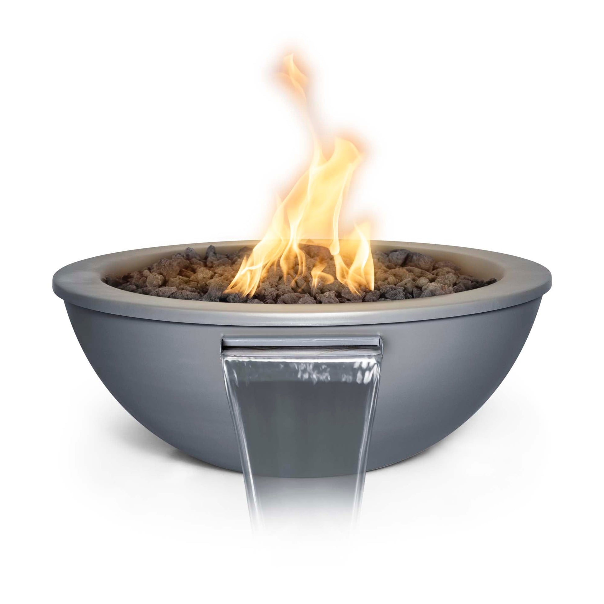 The Outdoor Plus Round Sedona 27" White Powder Coated Metal Liquid Propane Fire & Water Bowl with Match Lit with Flame Sense Ignition