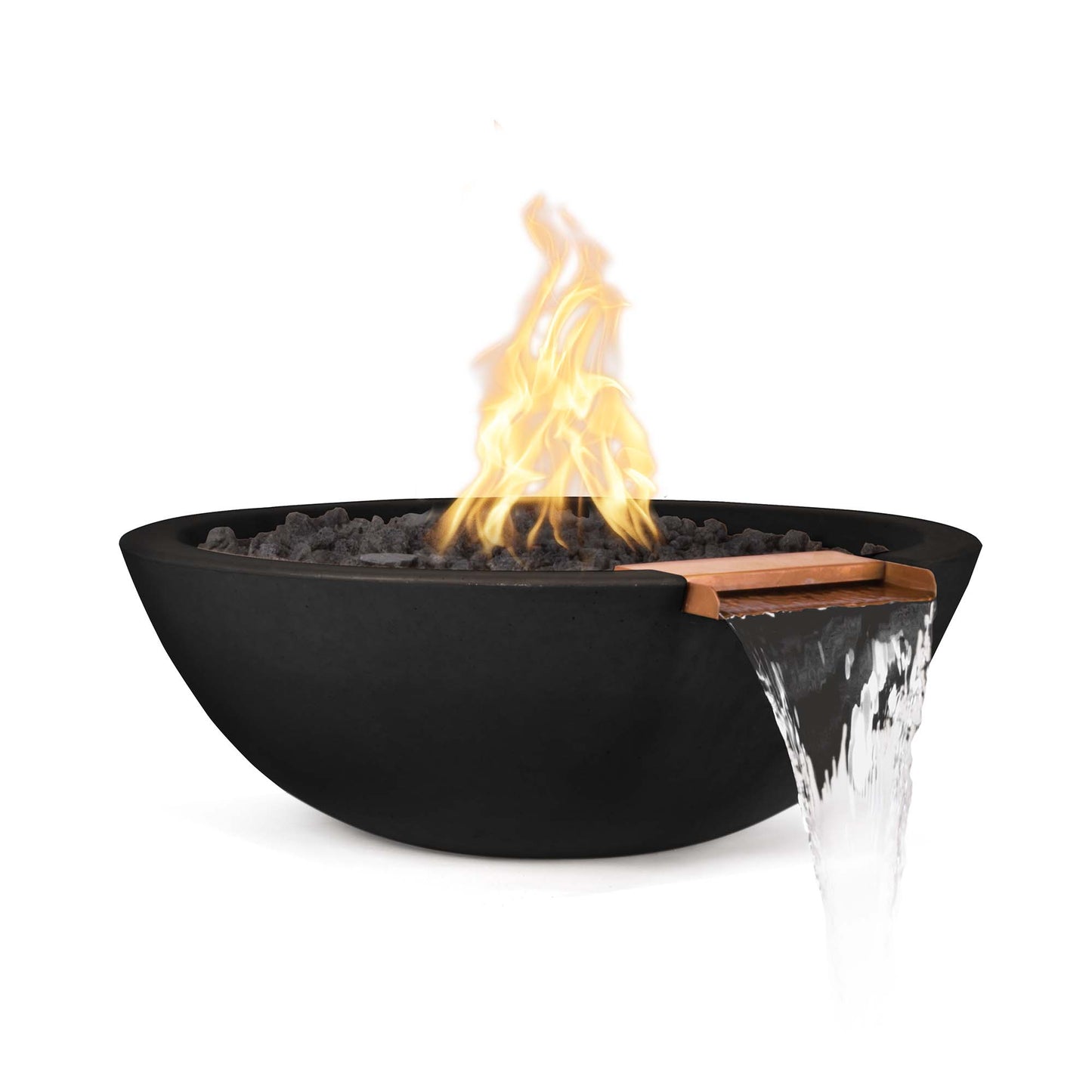 The Outdoor Plus Round Sedona 33" Chocolate GFRC Concrete Liquid Propane Fire & Water Bowl with Match Lit with Flame Sense Ignition