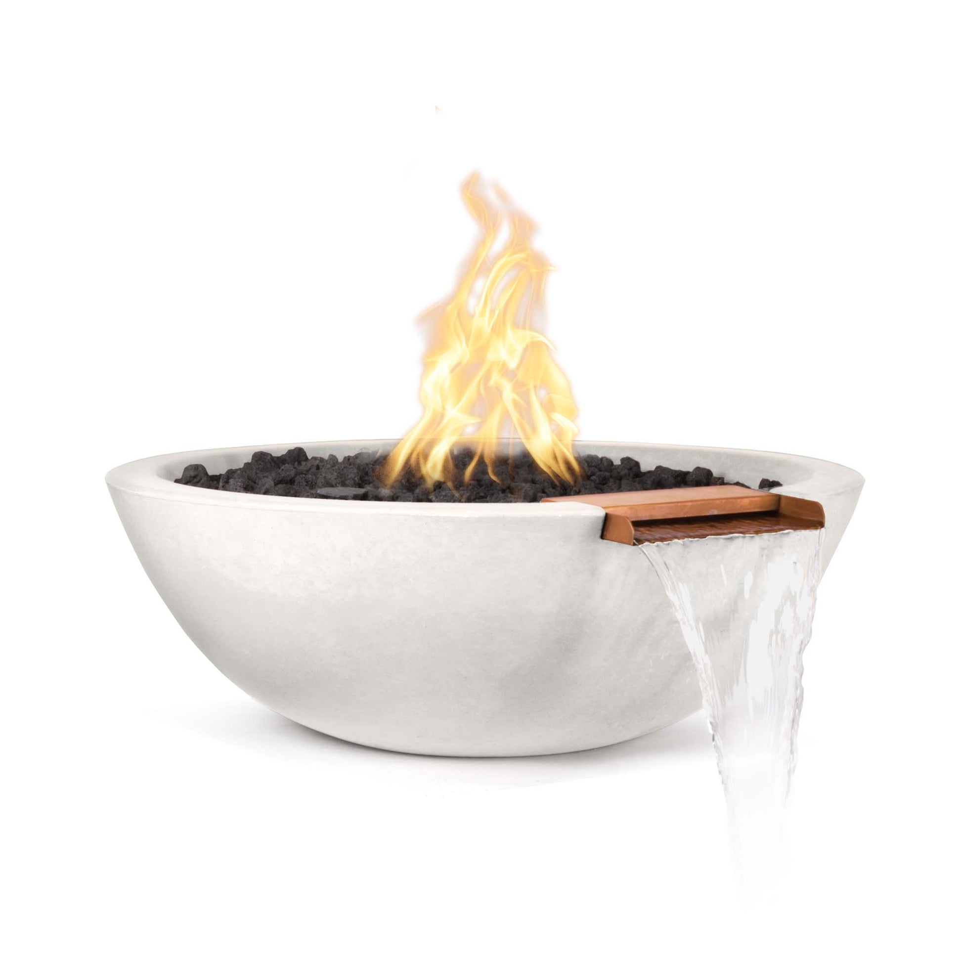 The Outdoor Plus Round Sedona 33" Chocolate GFRC Concrete Liquid Propane Fire & Water Bowl with Match Lit with Flame Sense Ignition