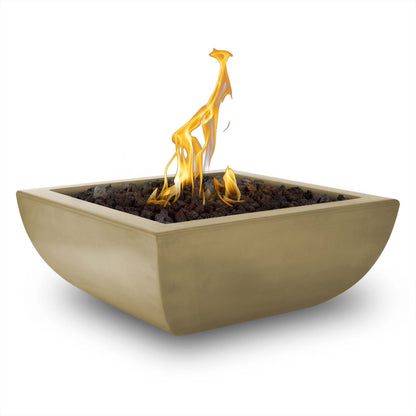 The Outdoor Plus Square Avalon 24" Brown GFRC Concrete Natural Gas Fire Bowl with Match Lit with Flame Sense Ignition