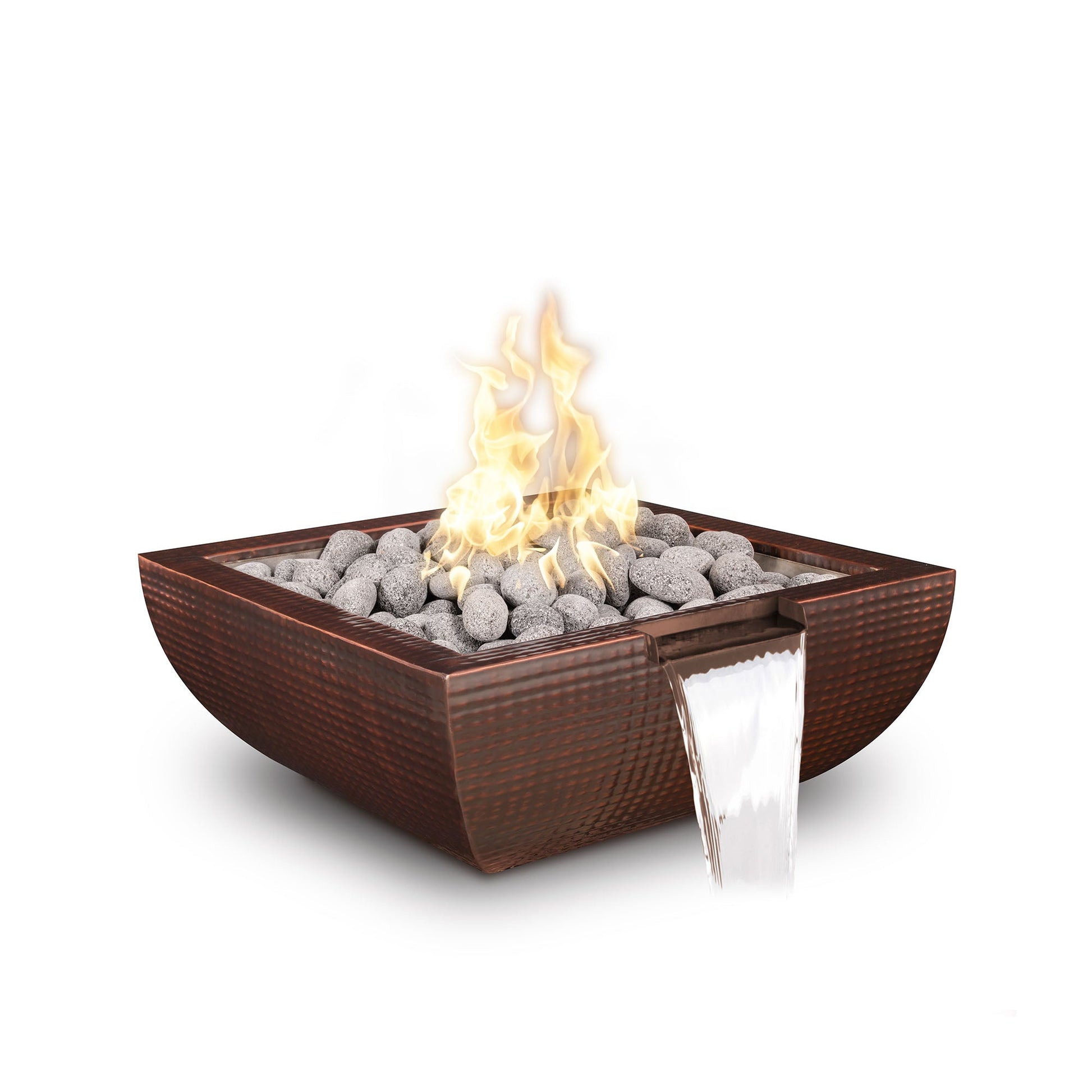 The Outdoor Plus Square Avalon 24" Hammered Copper Natural Gas Fire & Water Bowl with Match Lit with Flame Sense Ignition
