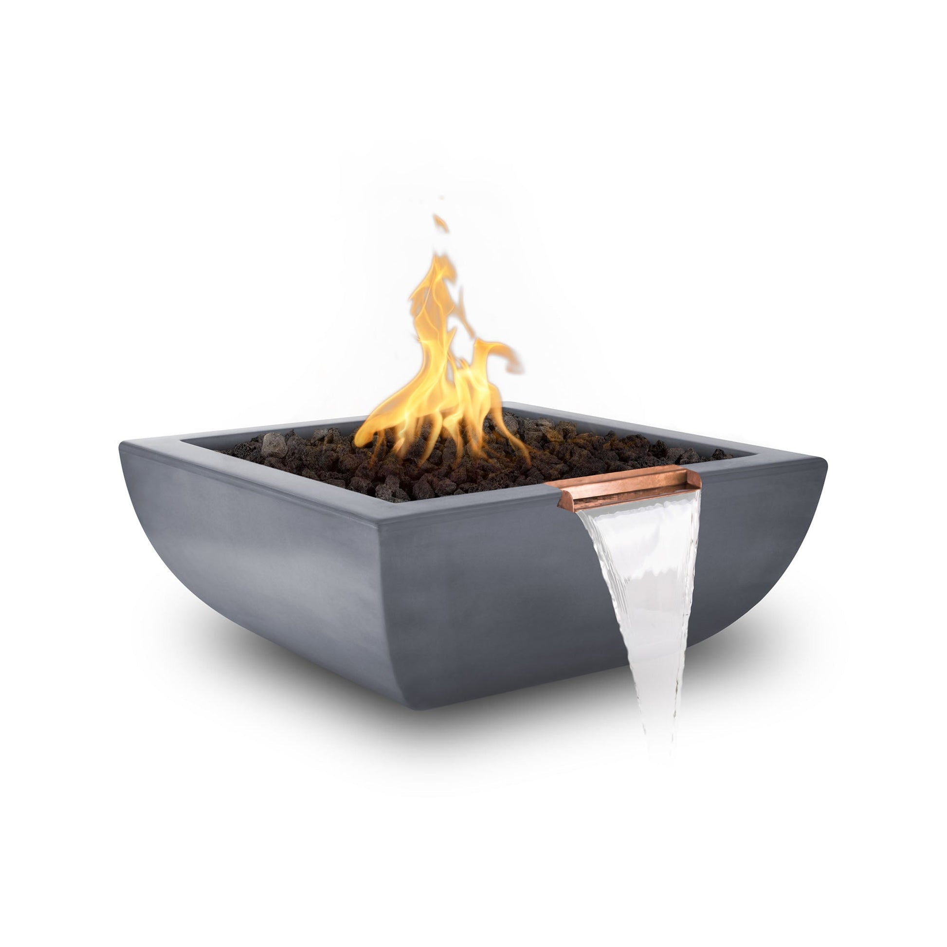 The Outdoor Plus Square Avalon 24" Metallic Silver GFRC Concrete Liquid Propane Fire & Water Bowl with Match Lit with Flame Sense Ignition