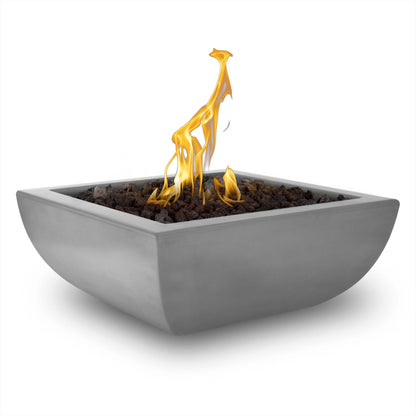 The Outdoor Plus Square Avalon 24" White GFRC Concrete Liquid Propane Fire Bowl with Match Lit with Flame Sense Ignition