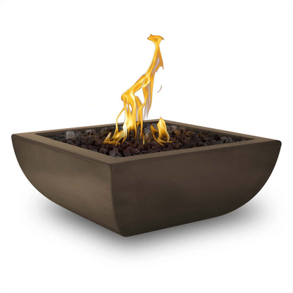 The Outdoor Plus Square Avalon 24" White GFRC Concrete Liquid Propane Fire Bowl with Match Lit with Flame Sense Ignition