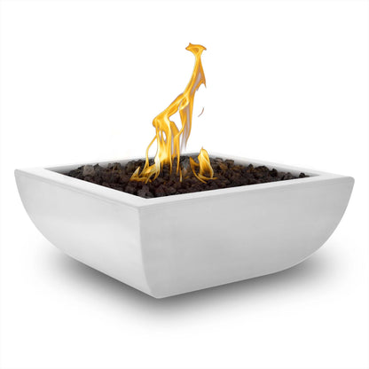 The Outdoor Plus Square Avalon 24" White GFRC Concrete Natural Gas Fire Bowl with Match Lit with Flame Sense Ignition