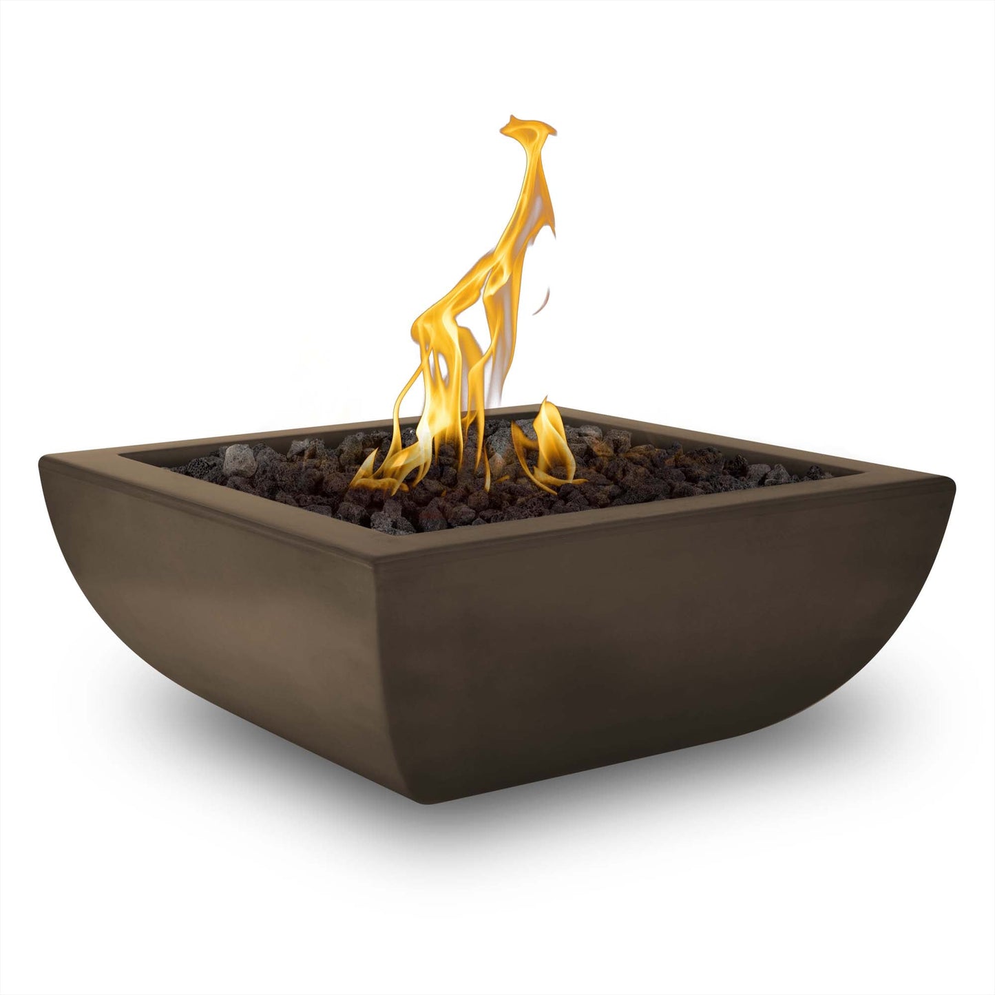 The Outdoor Plus Square Avalon 30" Chocolate GFRC Concrete Natural Gas Fire Bowl with Match Lit with Flame Sense Ignition