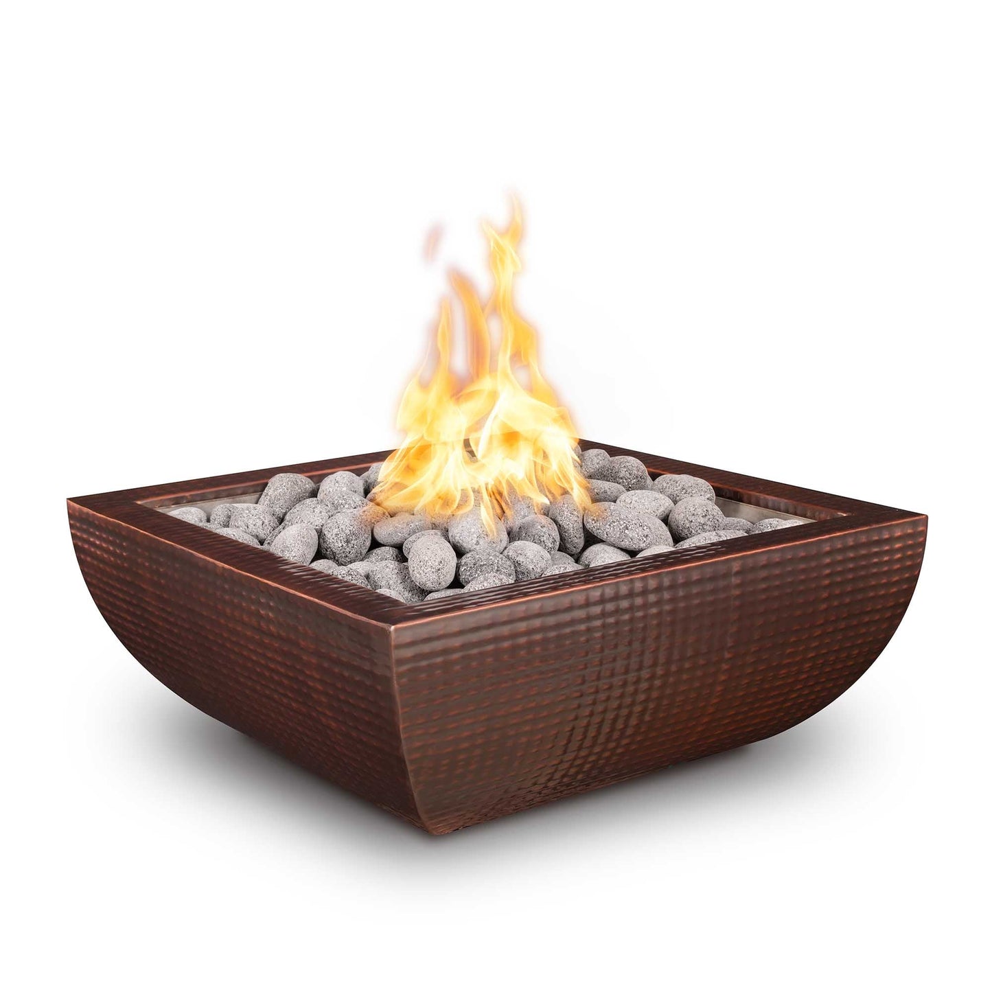 The Outdoor Plus Square Avalon 30" Copper Natural Gas Fire Bowl with Match Lit with Flame Sense Ignition