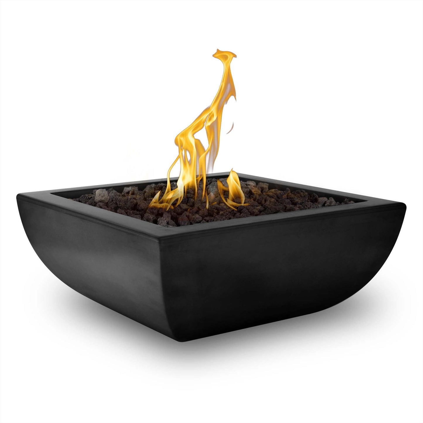 The Outdoor Plus Square Avalon 30" Metallic Bronze GFRC Concrete Liquid Propane Fire Bowl with Match Lit with Flame Sense Ignition