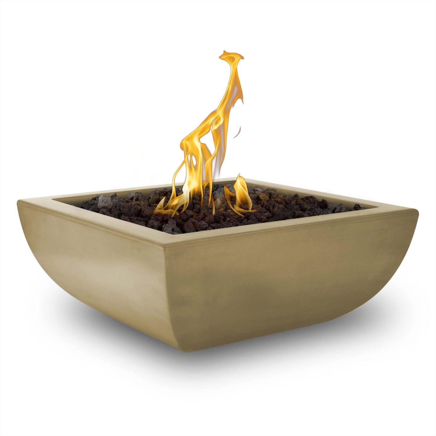 The Outdoor Plus Square Avalon 30" Metallic Bronze GFRC Concrete Natural Gas Fire Bowl with Match Lit with Flame Sense Ignition