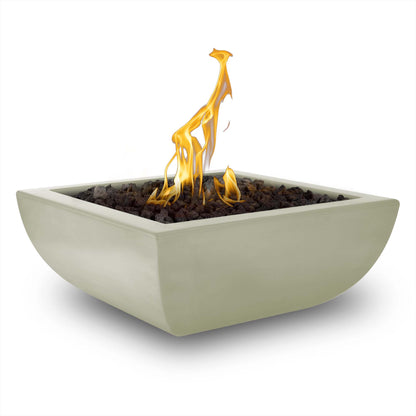 The Outdoor Plus Square Avalon 36" Vanilla GFRC Concrete Liquid Propane Fire Bowl with Match Lit with Flame Sense Ignition