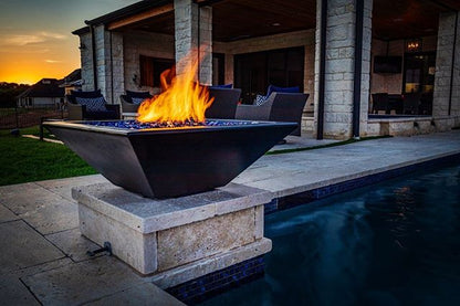 The Outdoor Plus Square Maya 24" Black GFRC Concrete Liquid Propane Fire Bowl with Match Lit with Flame Sense Ignition