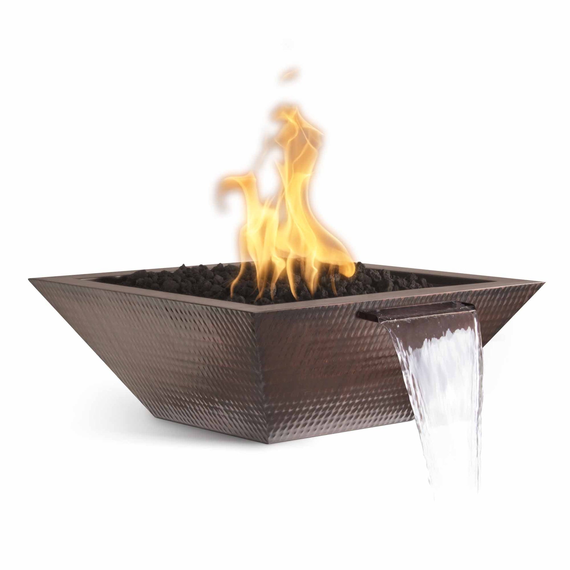 The Outdoor Plus Square Maya 24" Copper Liquid Propane Fire & Water Bowl with Match Lit with Flame Sense Ignition