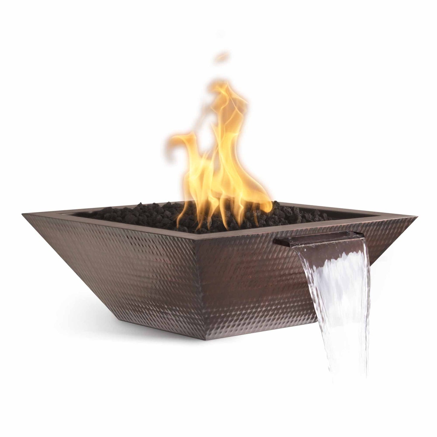 The Outdoor Plus Square Maya 24" Copper Natural Gas Fire & Water Bowl with Match Lit with Flame Sense Ignition