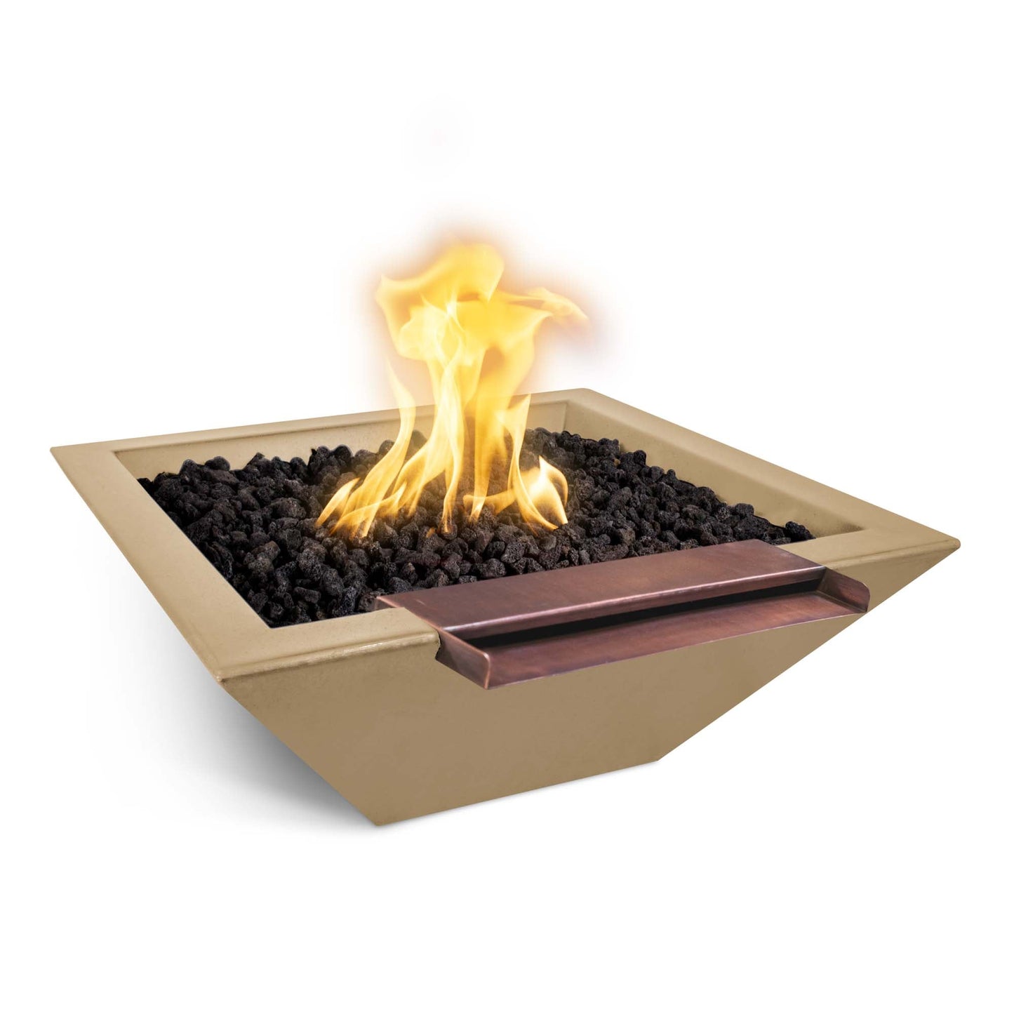 The Outdoor Plus Square Maya 24" Metallic Pearl GFRC Concrete Liquid Propane Fire & Wide Spill Water Bowl with Match Lit with Flame Sense Ignition