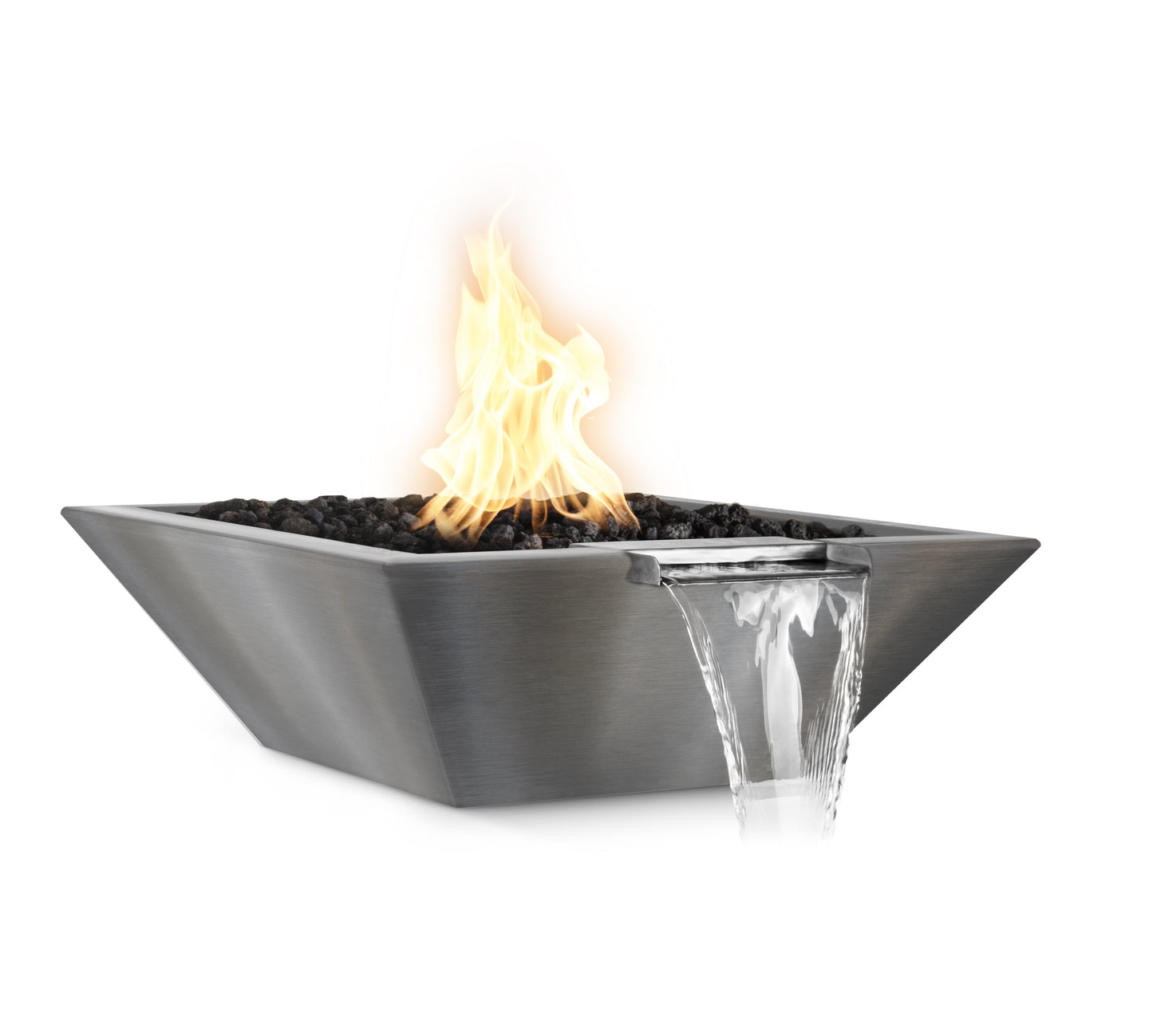 The Outdoor Plus Square Maya 24" Stainless Steel Liquid Propane Fire & Water Bowl with 12V Electronic Ignition