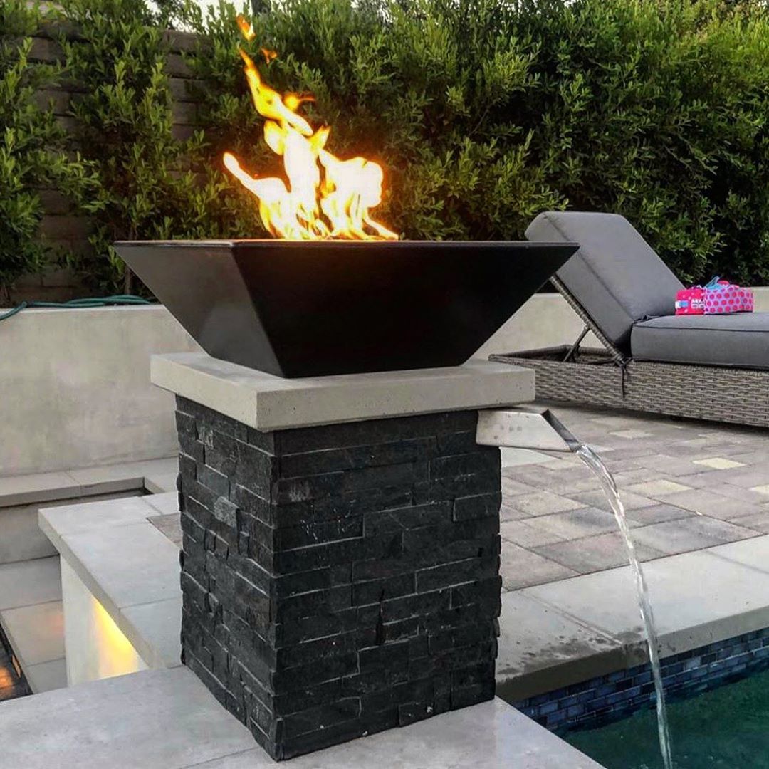 The Outdoor Plus Square Maya 24" Vanilla GFRC Concrete Liquid Propane Fire Bowl with Match Lit with Flame Sense Ignition