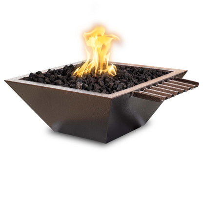 The Outdoor Plus Square Maya 30" Black Powder Coated Metal Liquid Propane Fire & Water Bowl with Wave Scupper & Match Lit with Flame Sense Ignition