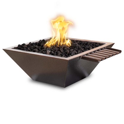 The Outdoor Plus Square Maya 30" Copper Vein Powder Coated Metal Liquid Propane Fire & Water Bowl with Wave Scupper & Match Lit with Flame Sense Ignition