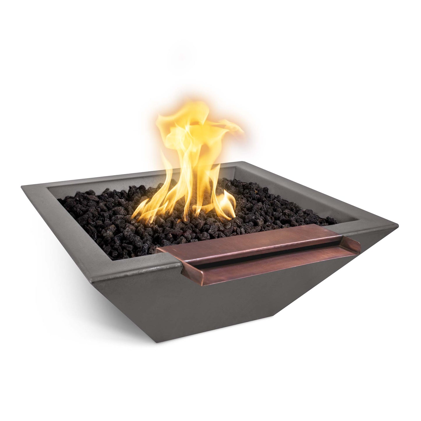 The Outdoor Plus Square Maya 36" Metallic Slate GFRC Concrete Liquid Propane Fire & Wide Spill Water Bowl with Match Lit with Flame Sense Ignition