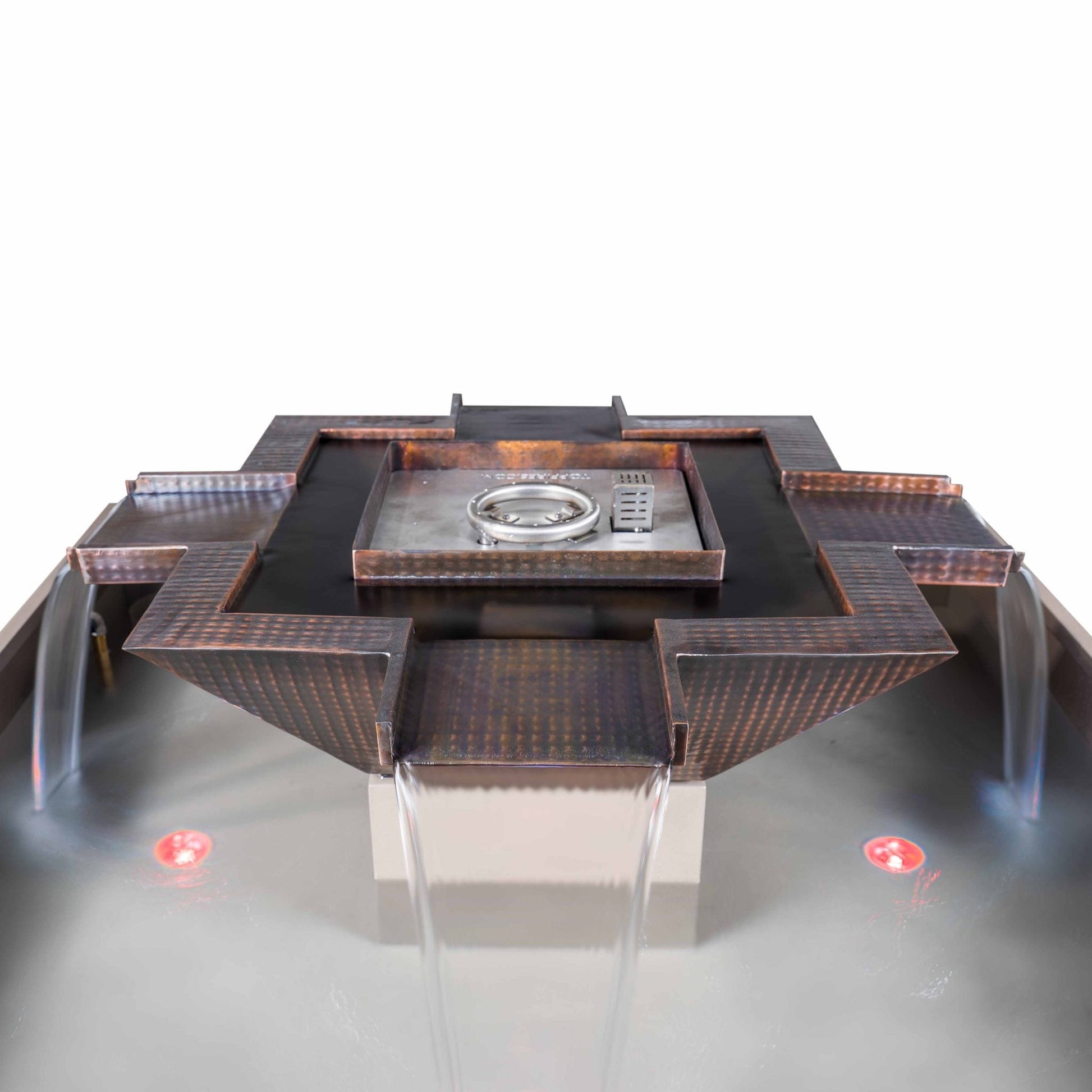 The Outdoor Plus Square Olympian 60" Copper Natural Gas Fire & 4-Way Spill Water Fountain with 12V Electronic Ignition
