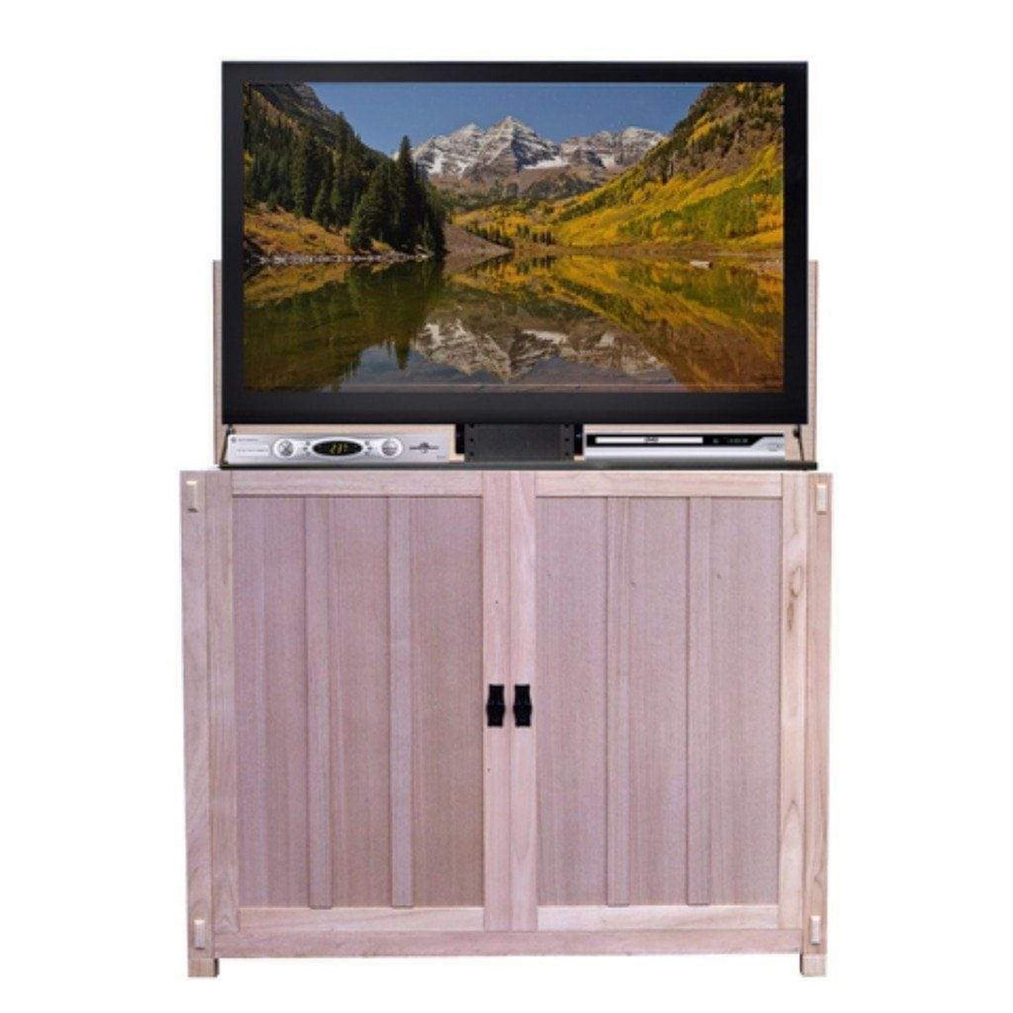 Touchstone Elevat Oak Unfinished Unfinished Mission Style Smart TV Lift Cabinet for 50" Flat Screen TVs With SRV TV Lift w/Swivel