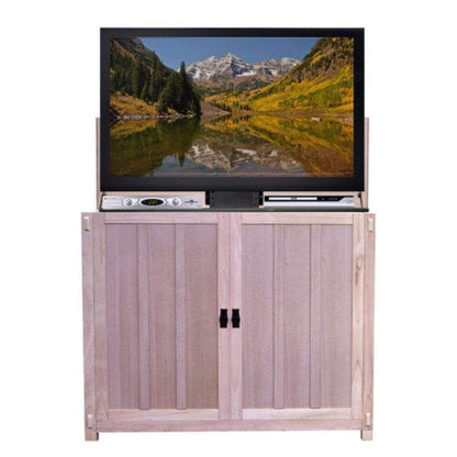 Touchstone Elevat Oak Unfinished Unfinished Mission Style Smart TV Lift Cabinet for 50" Flat Screen TVs With SRV TV Lift w/Swivel