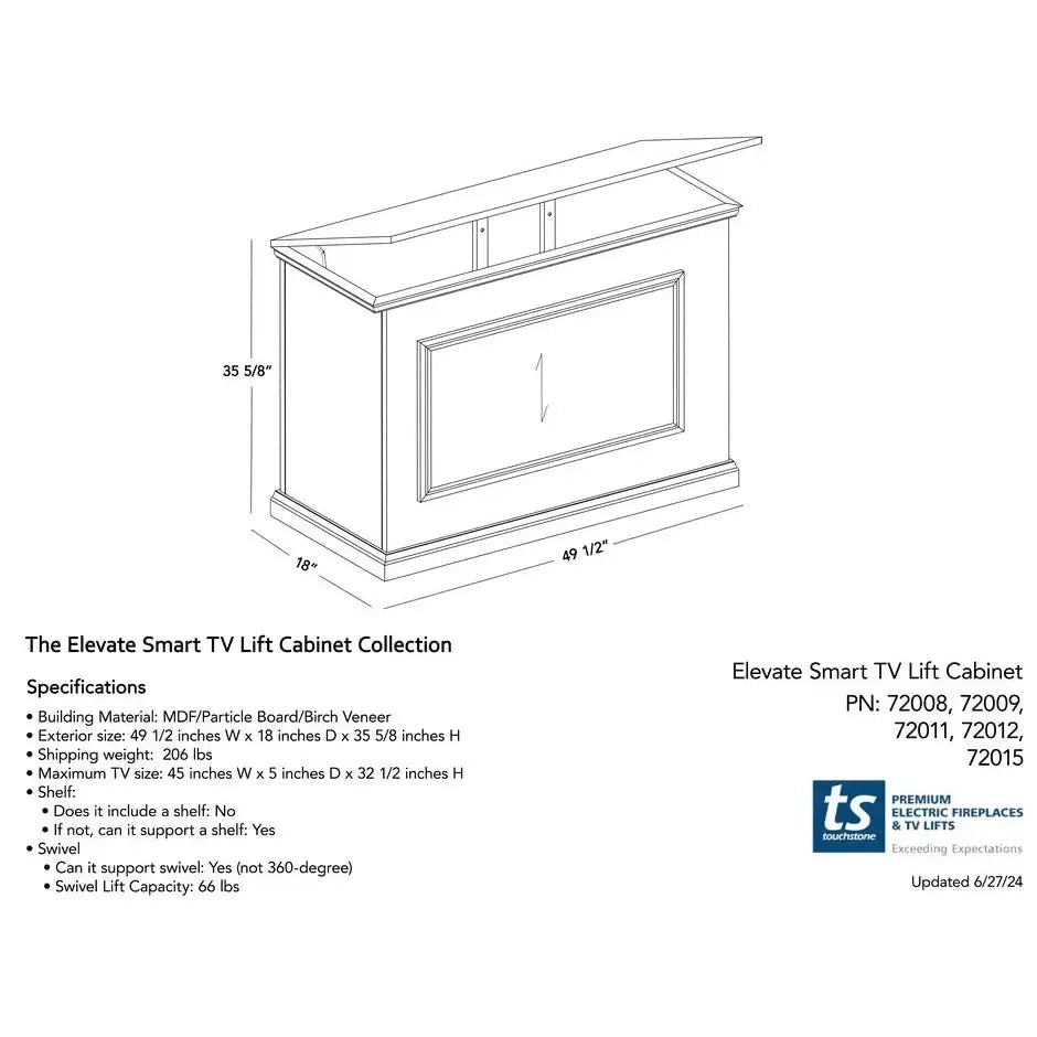Touchstone Elevate Espresso Smart TV Lift Cabinet for 50" Flat Screen TVs With SRV Smart WiFi Lift w/Swivel