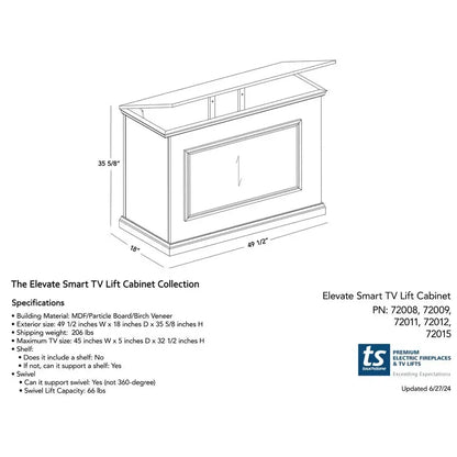 Touchstone Elevate Espresso Smart TV Lift Cabinet for 50" Flat Screen TVs With SRV Smart WiFi Lift w/Swivel