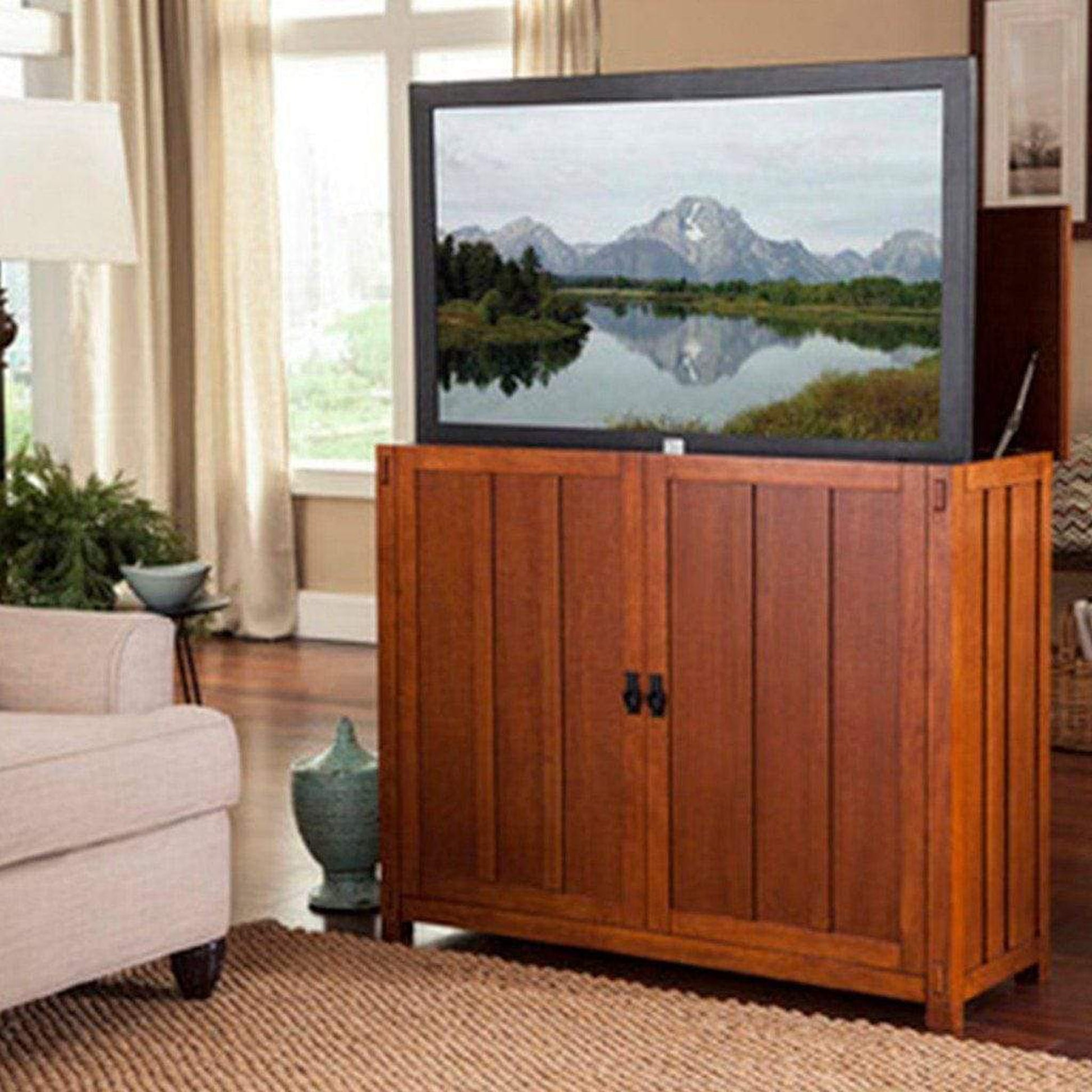 Touchstone Elevate Mission Oak Style Smart TV Lift Cabinet for 50" Flat Screen TVs With SRV TV Lift w/Swivel