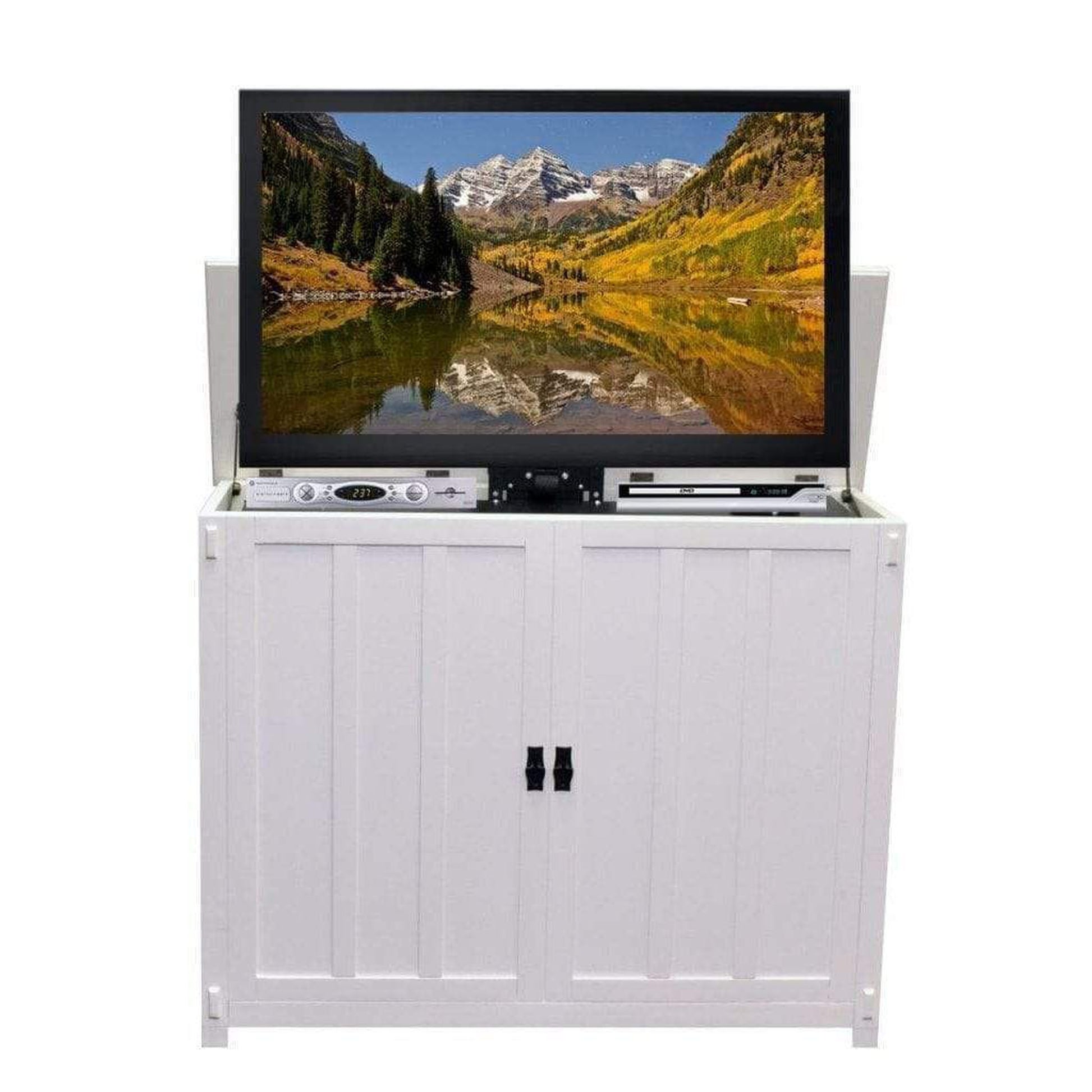 Touchstone Elevate White Mission Style Smart TV Lift Cabinet for 50" Flat Screen TVs With SRV TV Lift w/Swivel