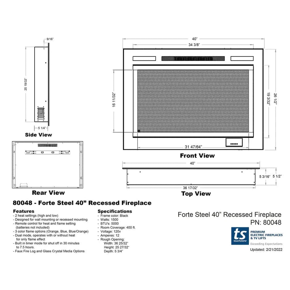 Touchstone Forte Steel 40" Matte Black Recessed Electric Fireplace With Non Reflective Mesh Screen