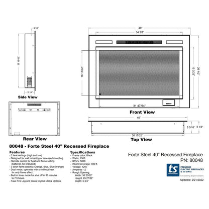 Touchstone Forte Steel 40" Matte Black Recessed Electric Fireplace With Non Reflective Mesh Screen