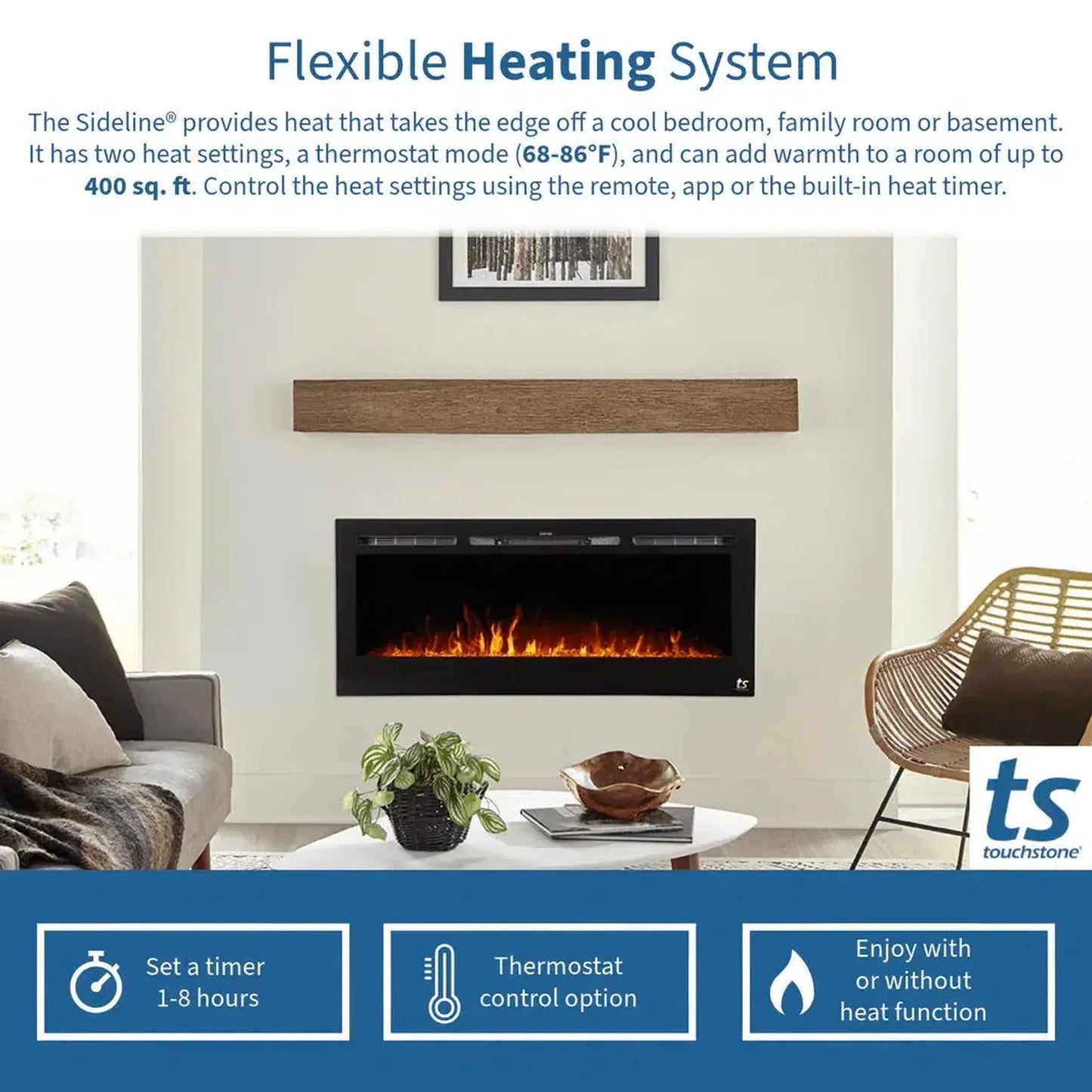 Touchstone Sideline 36" Vent-Free Recessed Smart Electric Fireplace