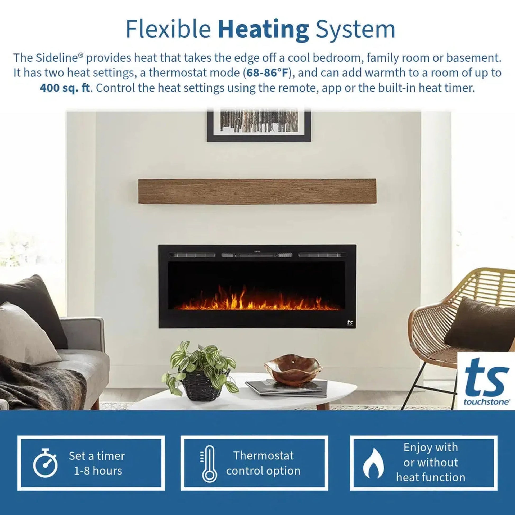 Touchstone Sideline 36" Vent-Free Recessed Smart Electric Fireplace