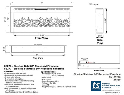 Touchstone Sideline Deluxe 60" Stainless Steel Recessed Smart Electric Fireplace