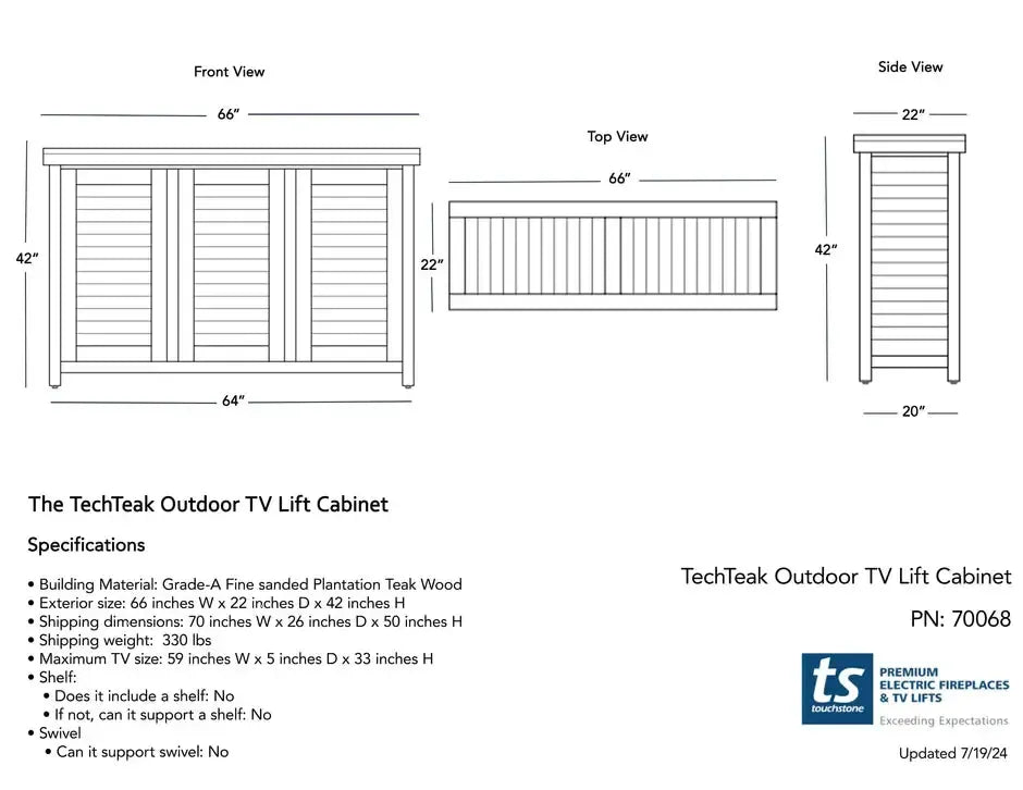 Touchstone TechTeak Outdoor Smart TV Lift Cabinet for TVs up to 65"