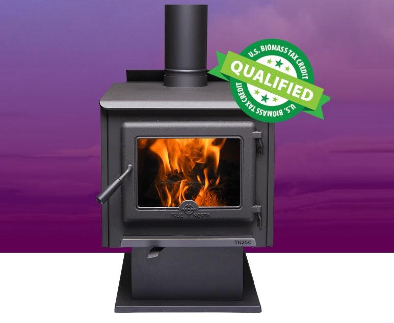 True North TN25C 22" Metallic Black Vented Wood Burning Stove With Pedestal Base, EPA2020 Certified