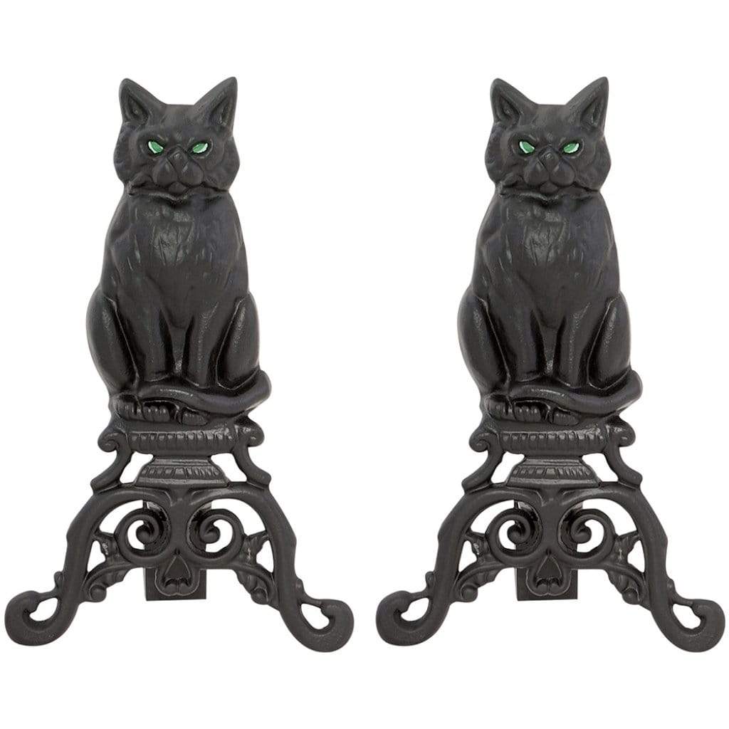 UniFlame 17" A-1251 Black Cast Iron Cat Andirons w/ Reflective Glass Eyes