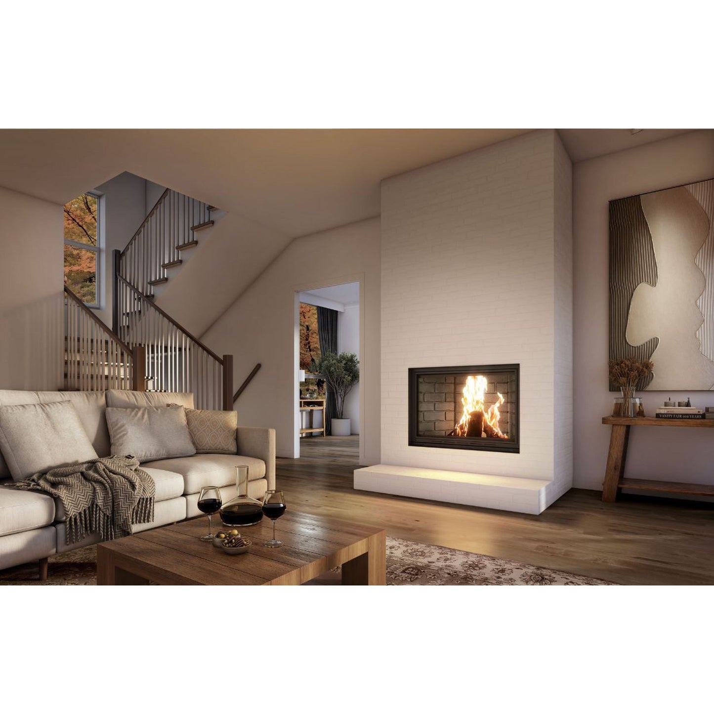 Valcourt Frontenac Decorative Wood Fireplace With Classic Moulded Brick Panels & Straight Masonry Finishing Trim