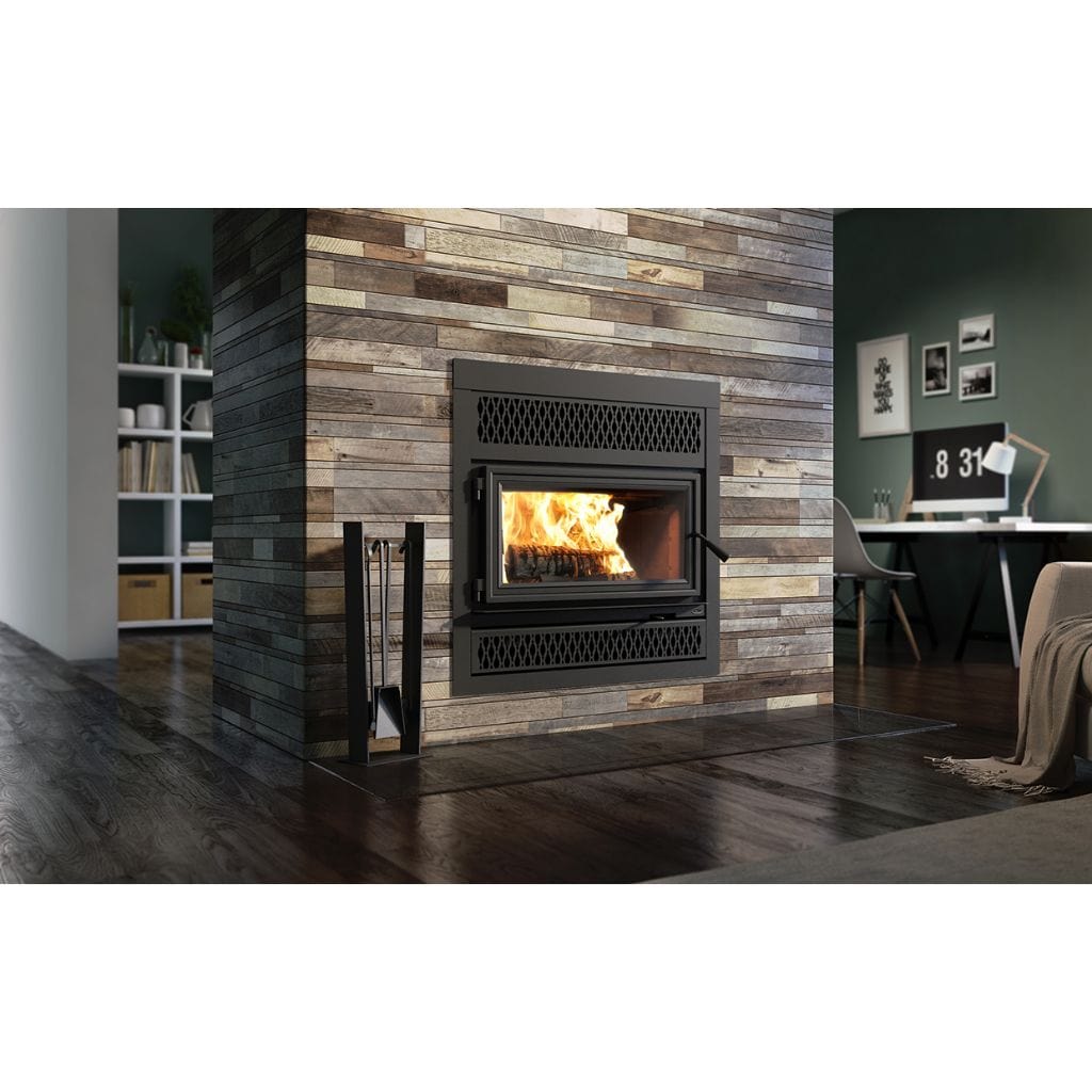 Valcourt Lafayette IIS Wood Fireplace With Black Door Overlay, Black Square Faceplate, & Classic Style Faceplate Louver