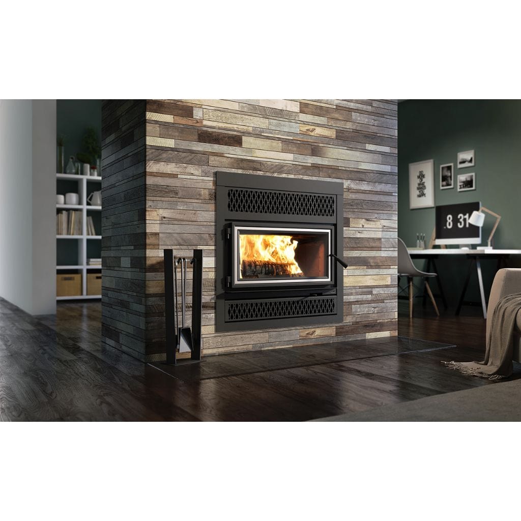 Valcourt Lafayette IIS Wood Fireplace With Brushed Nickel Door Overlay, Black Square Faceplate, & Classic Style Faceplate Louver