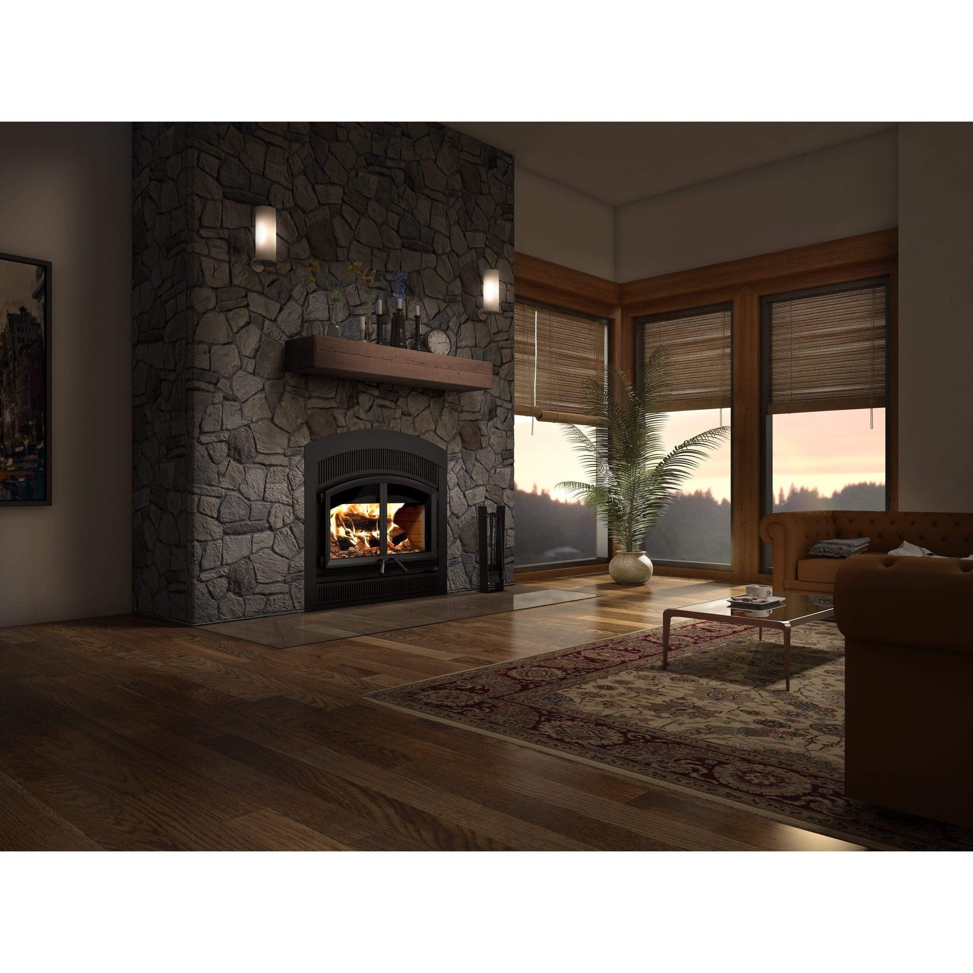Valcourt Waterloo Wood Fireplace With Black Arched Faceplate, Classic Moulded Brick Panels, & Urban Style Faceplate Louver