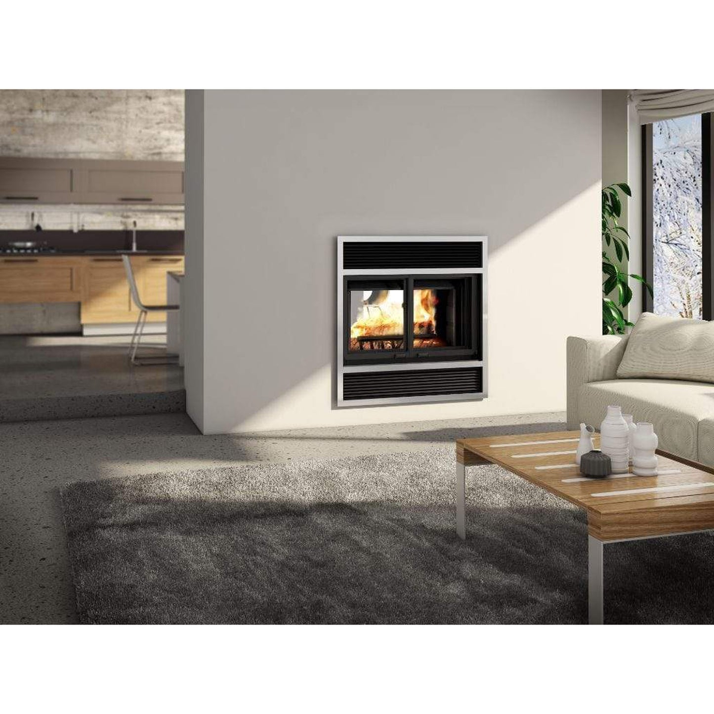 Valcourt Westmount See-Through Decorative Wood Fireplace With Brushed Nickel Narrow Overlap Faceplate