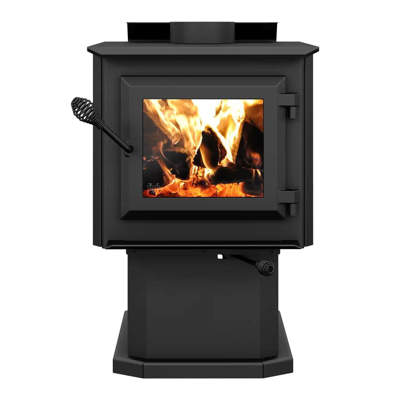 Ventis HES140 20" Small Size Black Direct Vent Wood Burning Stove With Pedestal, EPA2020 Certified