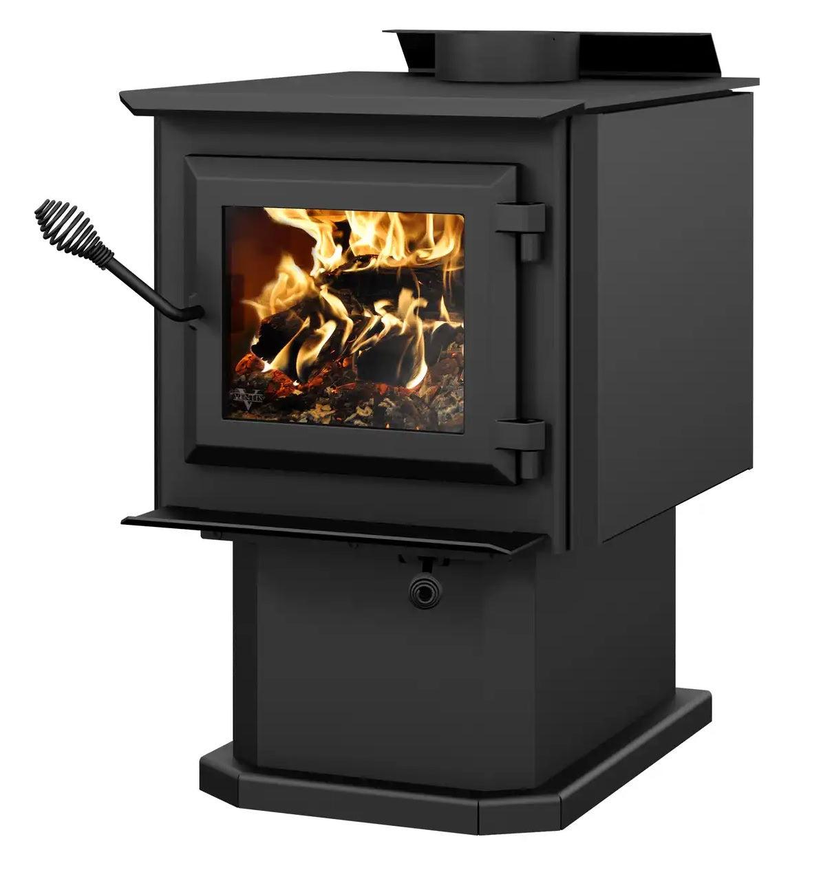 Ventis HES140 20" Small Size Black Direct Vent Wood Burning Stove With Pedestal, EPA2020 Certified